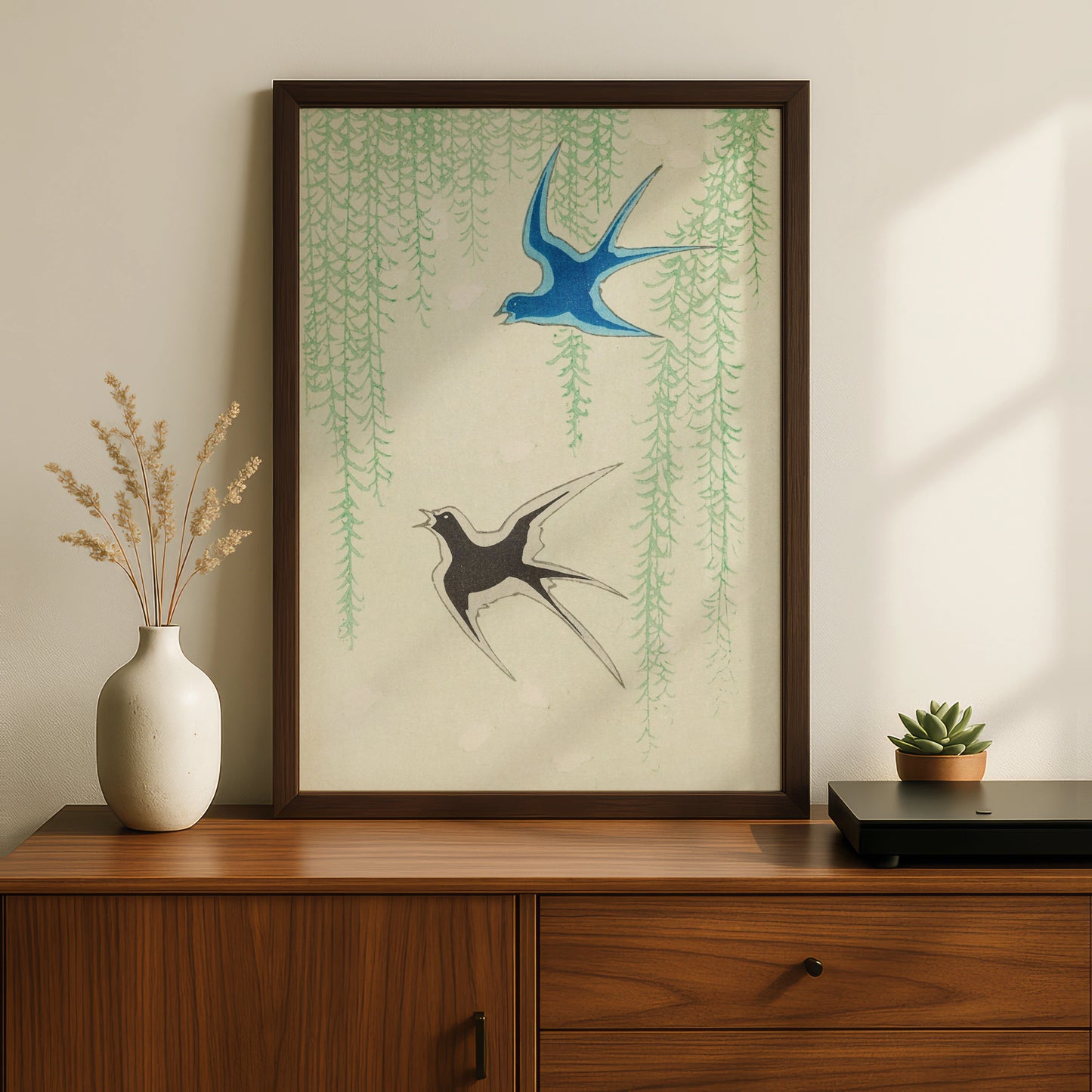 Japanese Swallow Wall Art, Vintage Woodblock Bird Print, Japandi Willow Poster – A5 Black frame