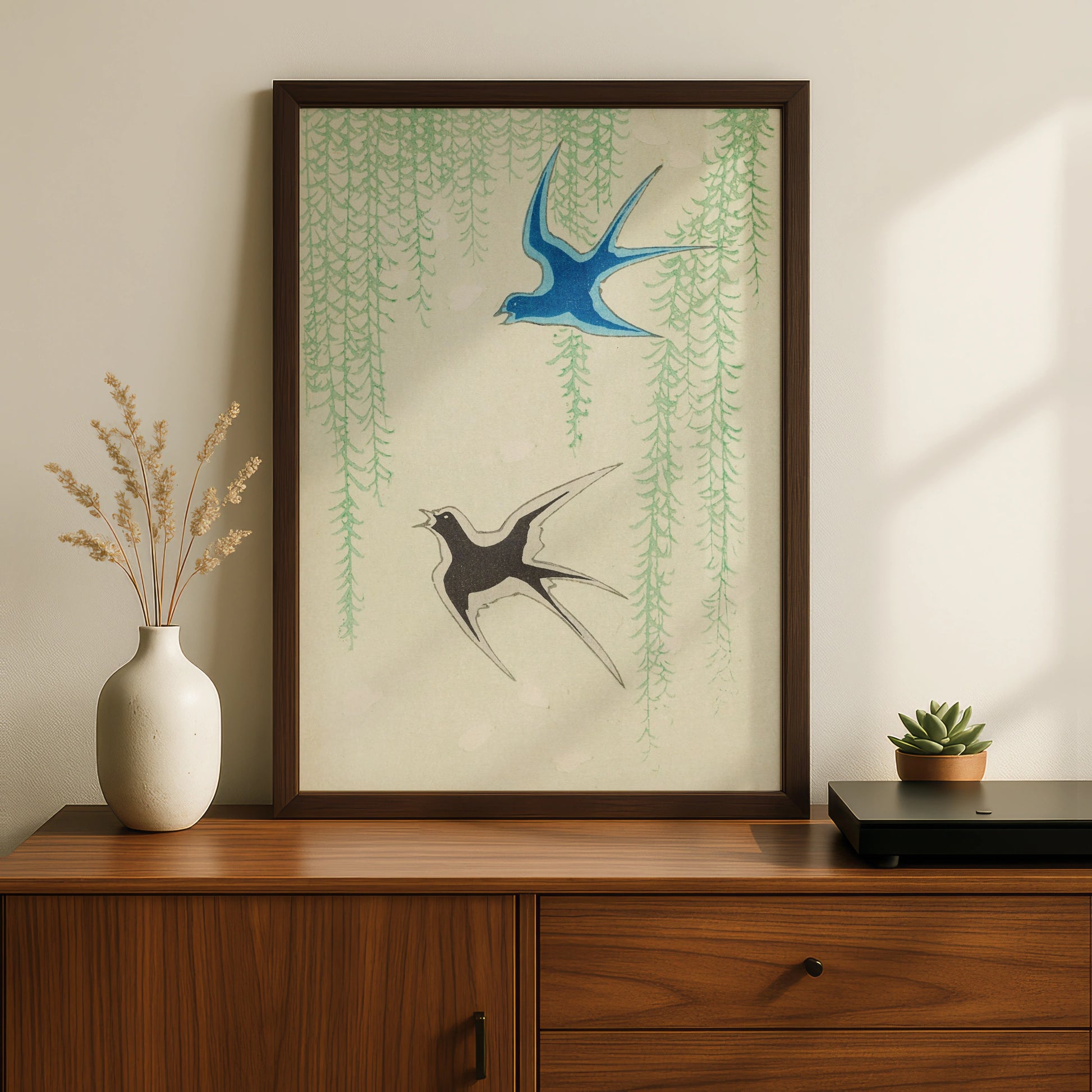 Japanese Swallow Wall Art, Vintage Woodblock Bird Print, Japandi Willow Poster – A5 Black frame