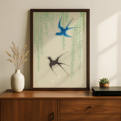Japanese Swallow Wall Art, Vintage Woodblock Bird Print, Japandi Willow Poster – A5 Black frame