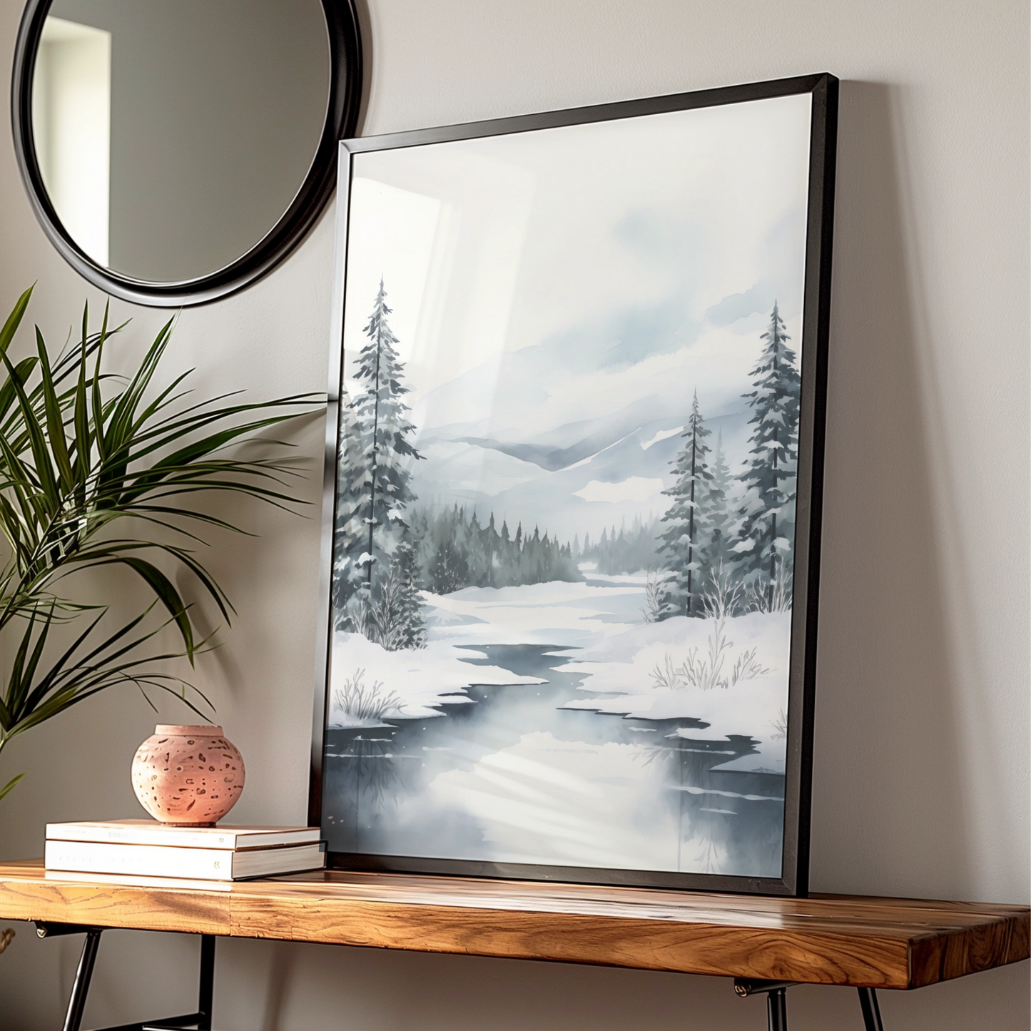 Christmas Winter Landscape Poster, Snowy Forest Pine Trees, Watercolour Wall Art Print