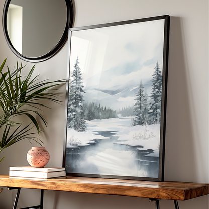 Christmas Winter Landscape Poster, Snowy Forest Pine Trees, Watercolour Wall Art Print