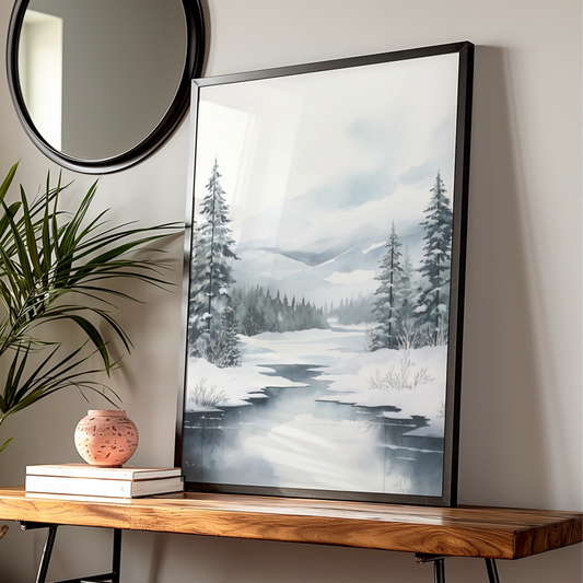 Christmas Winter Landscape Poster, Snowy Forest Pine Trees, Watercolour Wall Art Print