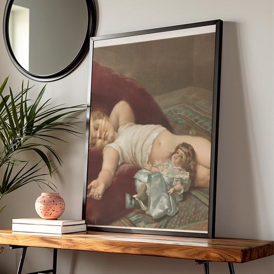Sleeping Baby Victorian Art Print, Child With Doll Vintage Poster, Nursery Wall Art