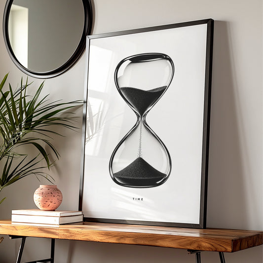 Hourglass Time Typography Print, Monochrome Wall Art, Black and White Minimalist Poster