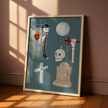 Halloween Ghost Skeleton Coffin Poster, Spooky Graveyard Wall Art, Skull RIP Print