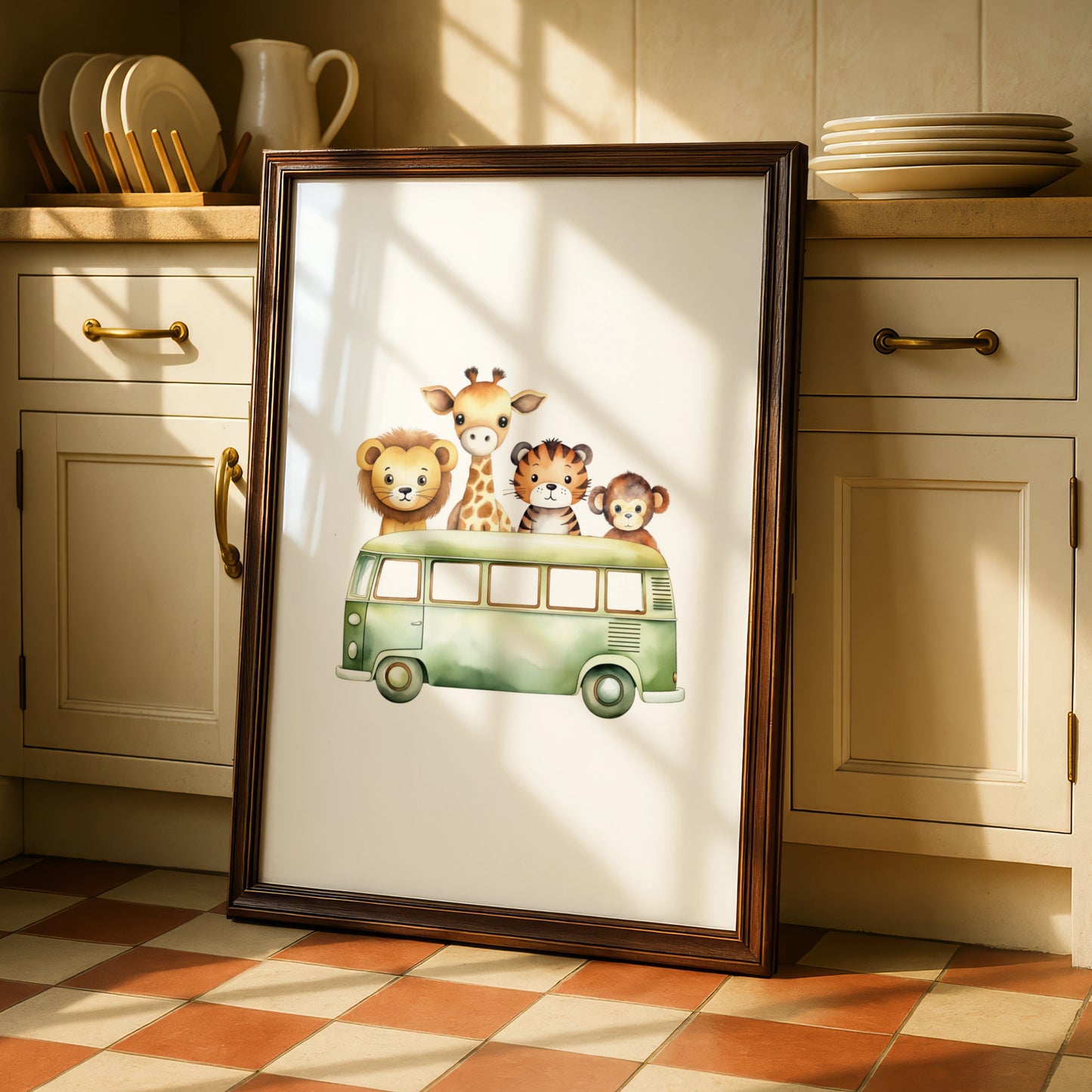 Safari Animals Nursery Wall Art, Cute Bus Print, Lion Giraffe Tiger Monkey Poster