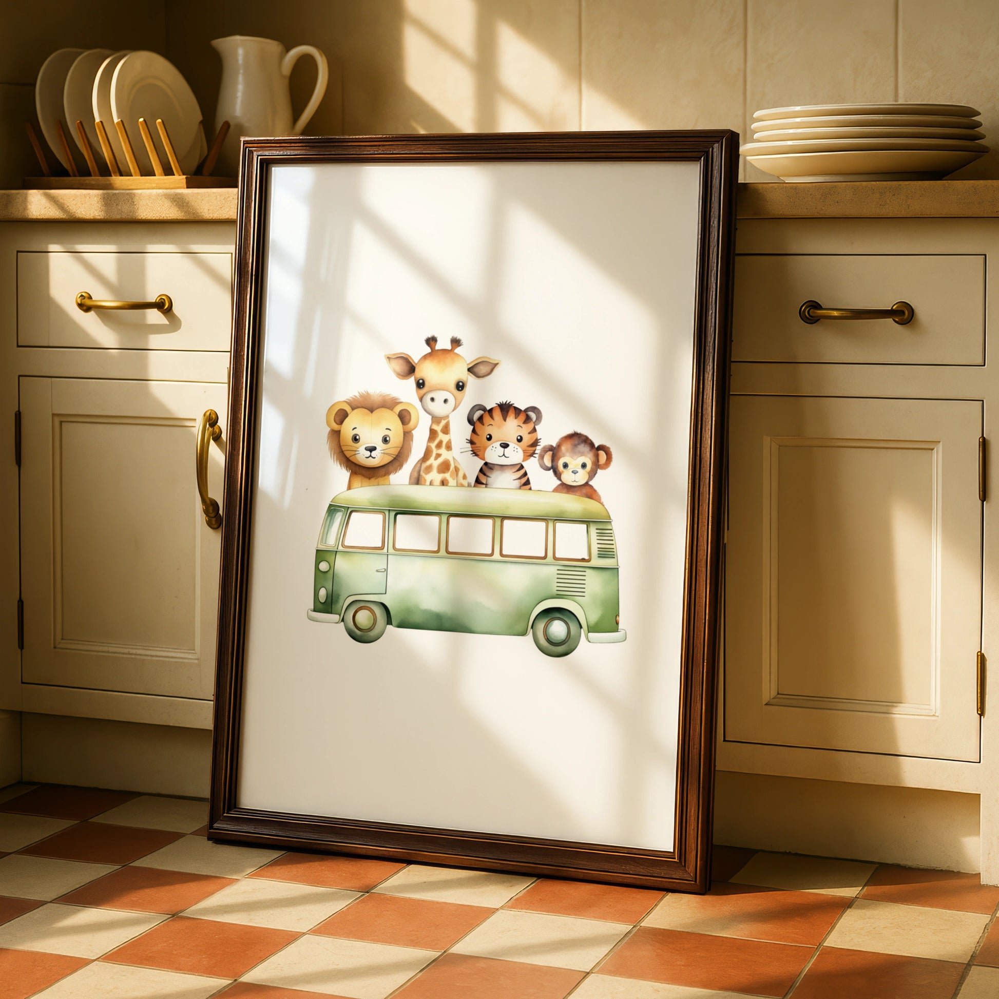 Safari Animals Nursery Wall Art, Cute Bus Print, Lion Giraffe Tiger Monkey Poster