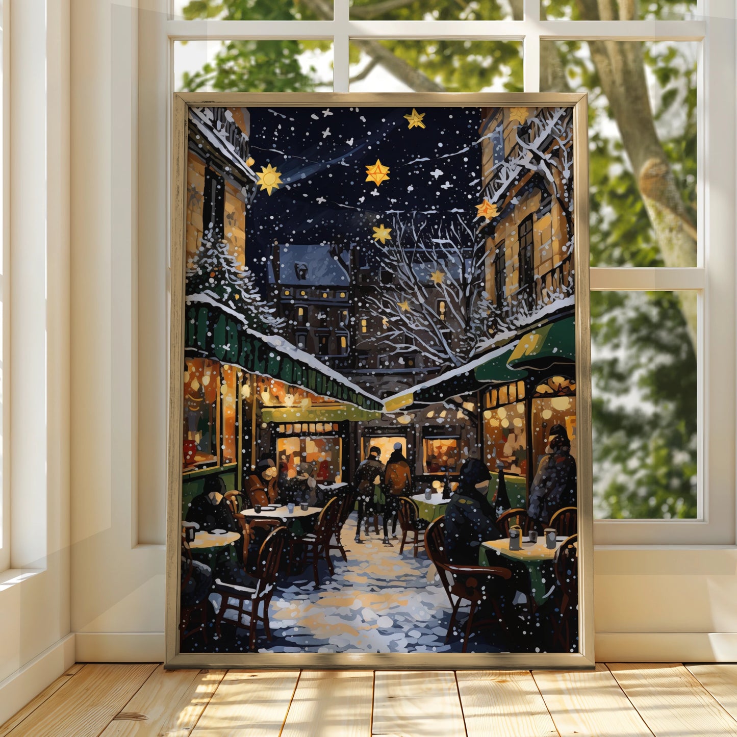 Christmas Market Poster, Snowy Night Street Scene, Festive Star Lights Wall Art Print