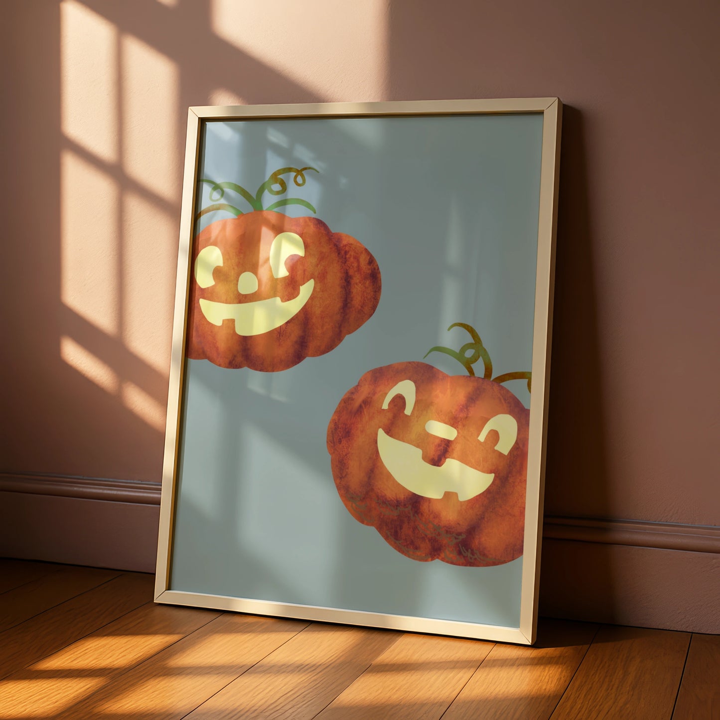 Halloween Pumpkin Wall Art, Jack O Lantern Poster, Cute Spooky Autumn Print, Orange Blue