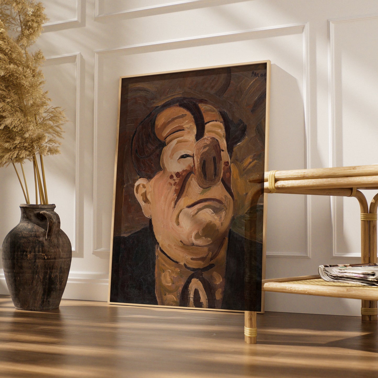 Halloween Cubist Face Poster, Surreal Distorted Portrait Wall Art, Spooky Dark Brown Gallery Print