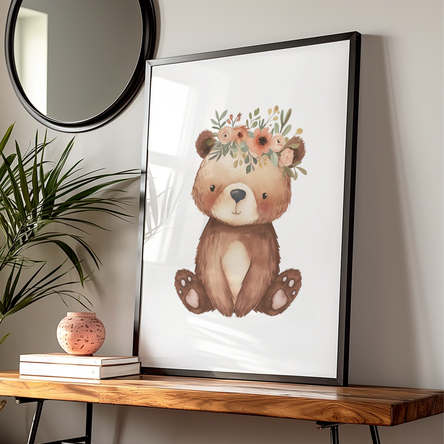 Floral Bear Nursery Wall Art, Watercolour Baby Bear Poster, Woodland Animal Print for Kids Room