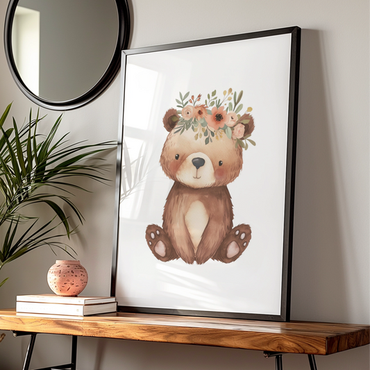 Floral Bear Nursery Wall Art, Watercolour Baby Bear Poster, Woodland Animal Print for Kids Room