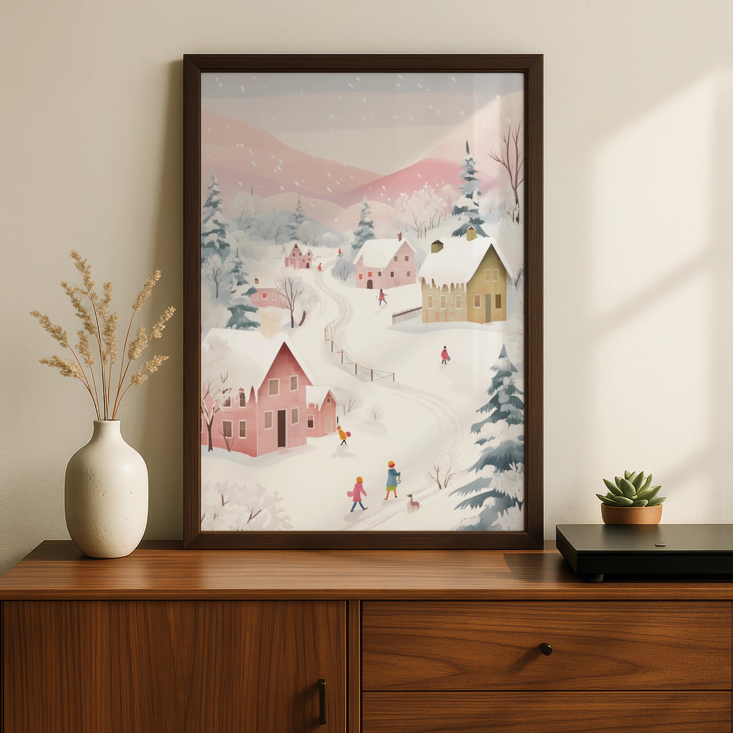 Christmas Village Snow Scene Poster, Pastel Winter Wall Art, Festive Holiday Print