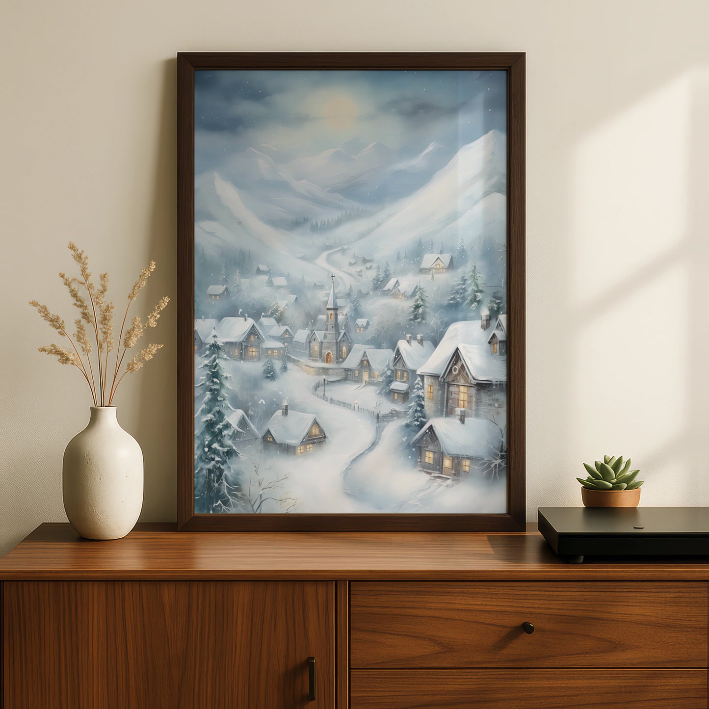 Christmas Village Poster, Snowy Winter Scene Wall Art, Festive Holiday Print, Blue Grey Cottage