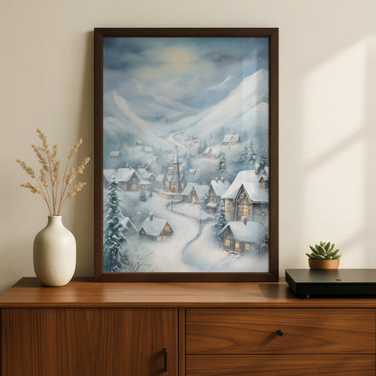 Christmas Village Poster, Snowy Winter Scene Wall Art, Festive Holiday Print, Blue Grey Cottage
