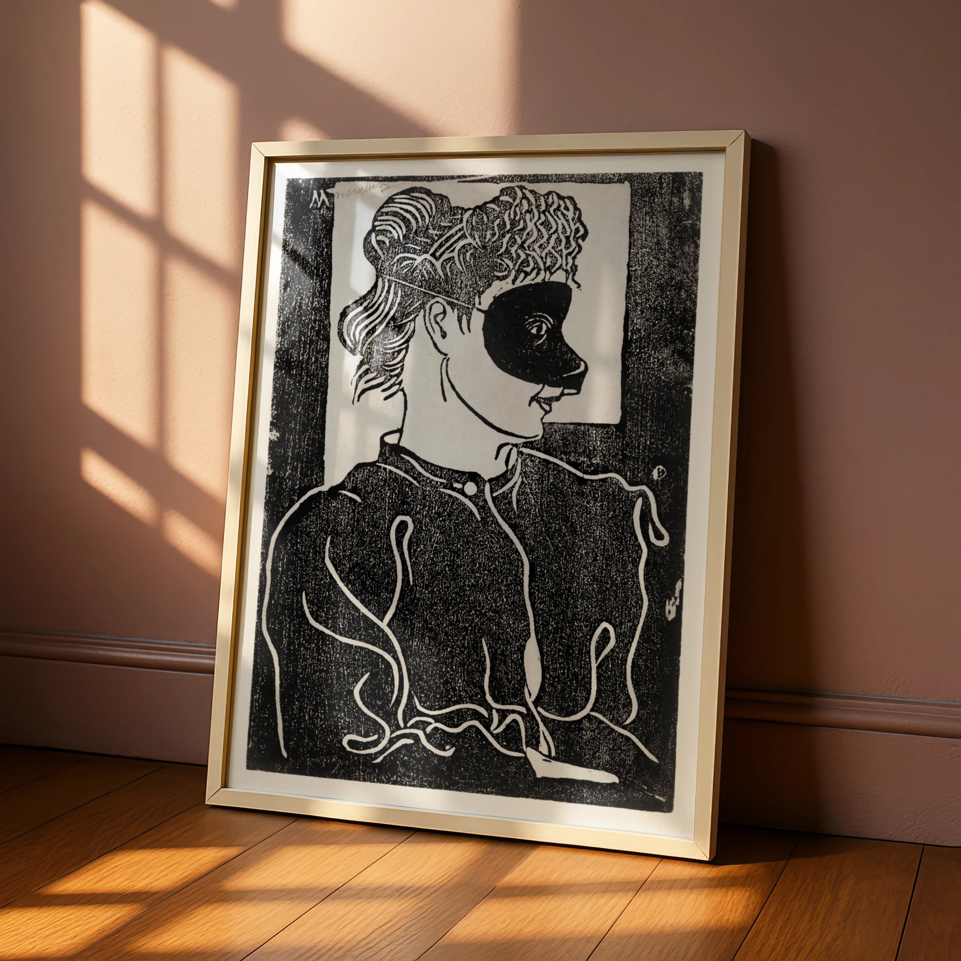 Halloween Masquerade Mask Woman Poster, Black White Woodcut Art Print, Gothic Wall Art