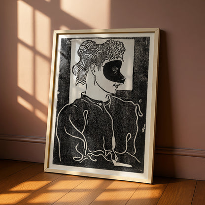 Halloween Masquerade Mask Woman Poster, Black White Woodcut Art Print, Gothic Wall Art
