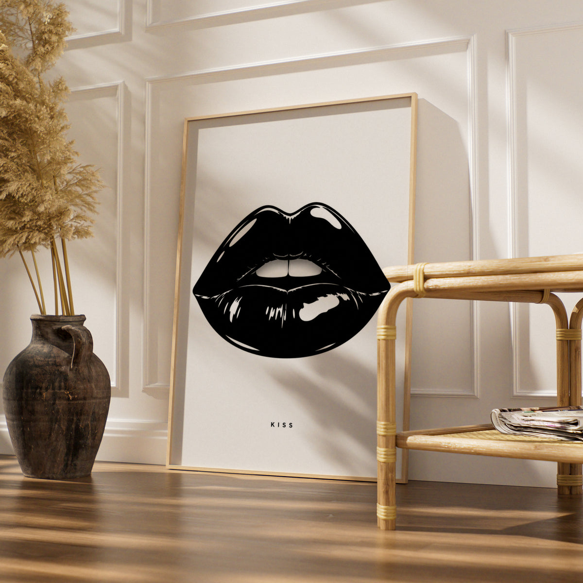Kiss Lips Print, Monochrome Wall Art, Black and White Poster, Minimalist Lip Art