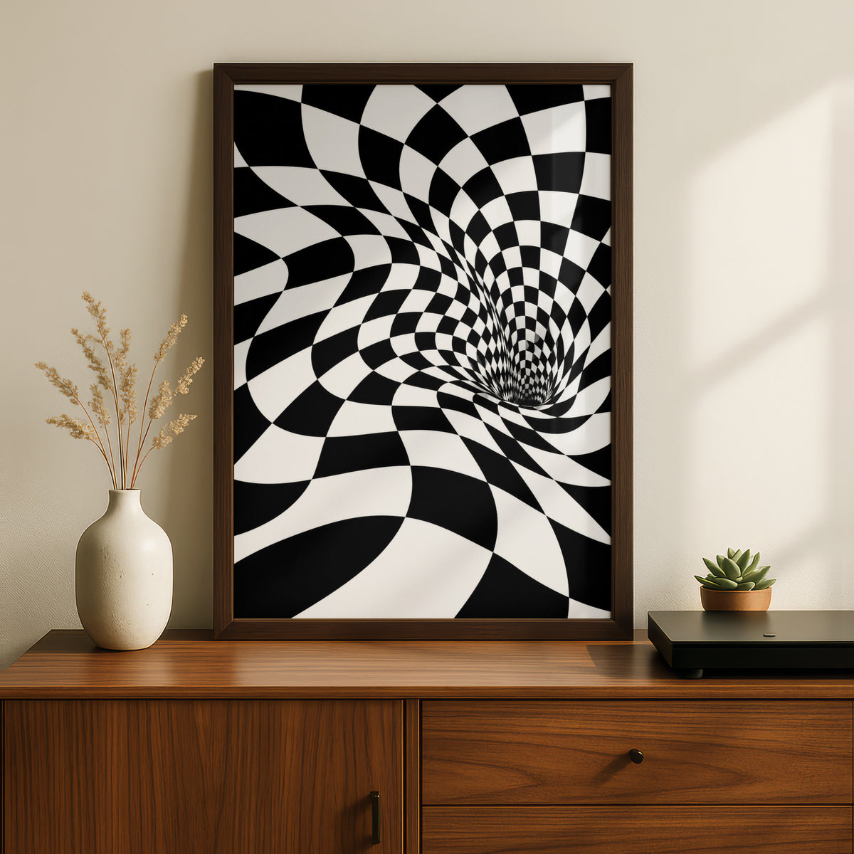 Optical Illusion Checker Vortex Print, Black and White Abstract Poster, Monochrome Wall Art