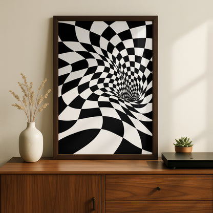 Optical Illusion Checker Vortex Print, Black and White Abstract Poster, Monochrome Wall Art
