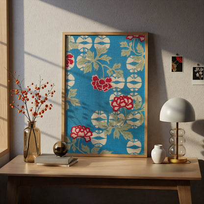 Japanese Botanical Print, Vintage Floral Woodblock Wall Art, Blue Peony Japandi Poster – A4 print