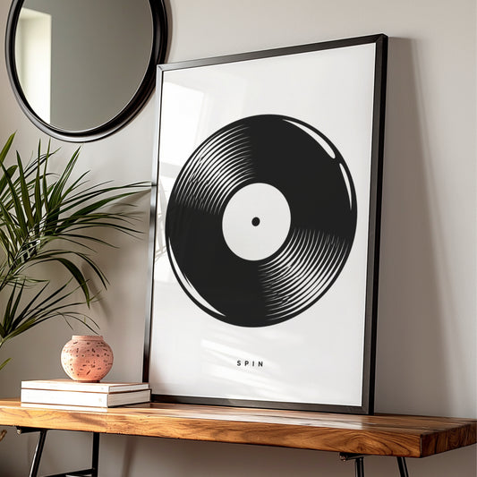 Vinyl Record Print, Monochrome Wall Art, Music Poster, Black and White Minimalist Decor