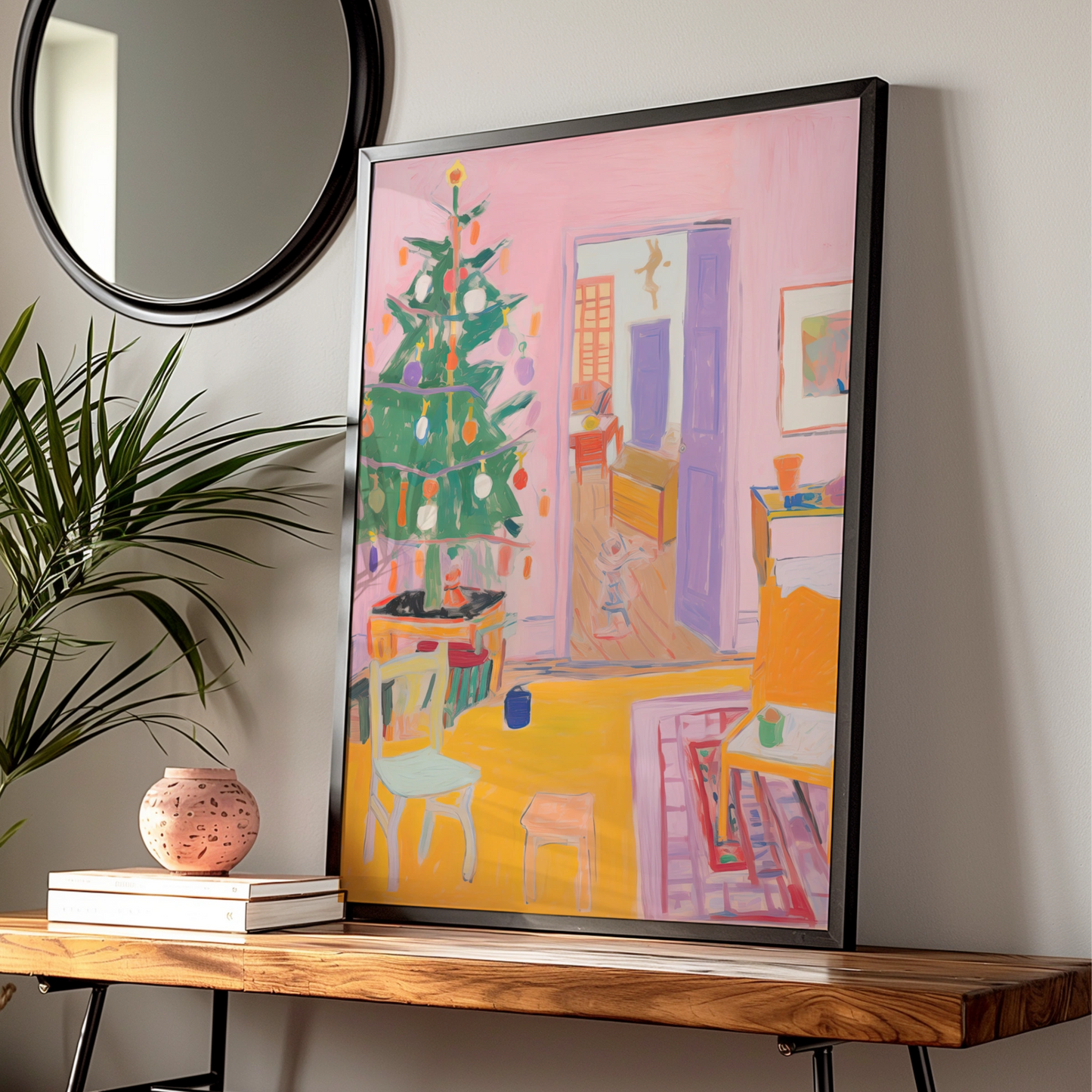 Christmas Room Poster, Colourful Xmas Tree Print, Festive Interior Wall Art, Pink Holiday Decor