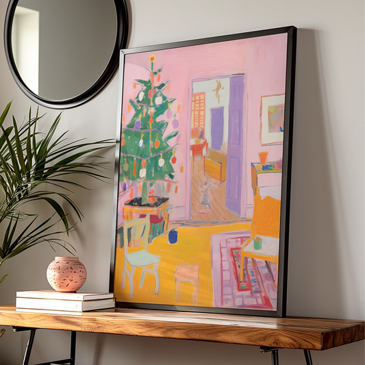 Christmas Room Poster, Colourful Xmas Tree Print, Festive Interior Wall Art, Pink Holiday Decor