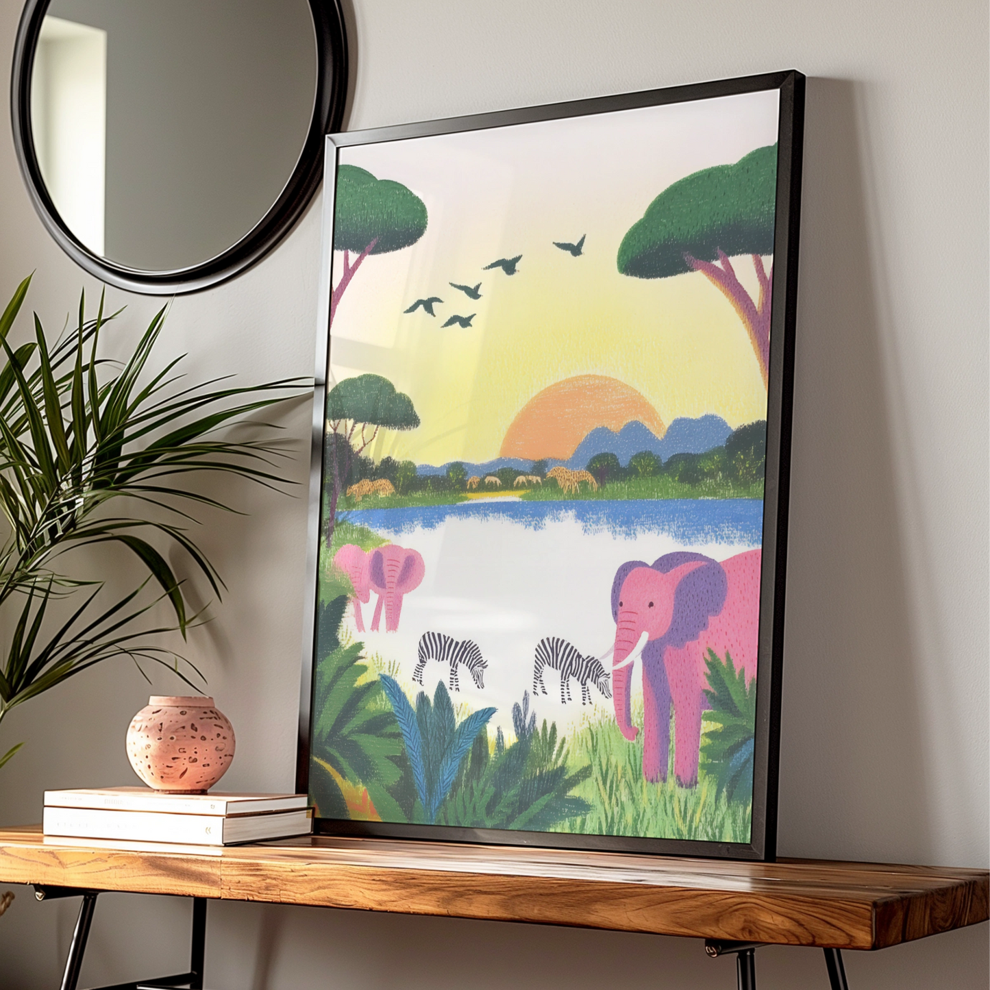 Safari Nursery Wall Art, Elephant Zebra Print, Colourful Animal Poster, Kids Room Decor