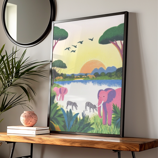 Safari Nursery Wall Art, Elephant Zebra Print, Colourful Animal Poster, Kids Room Decor