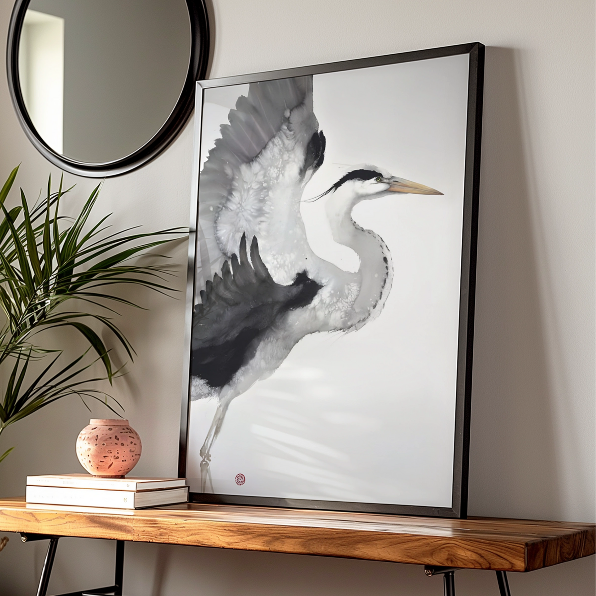 Heron Ink Art Print, Monochrome Wall Art, Black and White Bird Poster, Minimalist Print