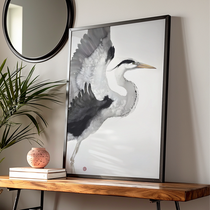 Heron Ink Art Print, Monochrome Wall Art, Black and White Bird Poster, Minimalist Print