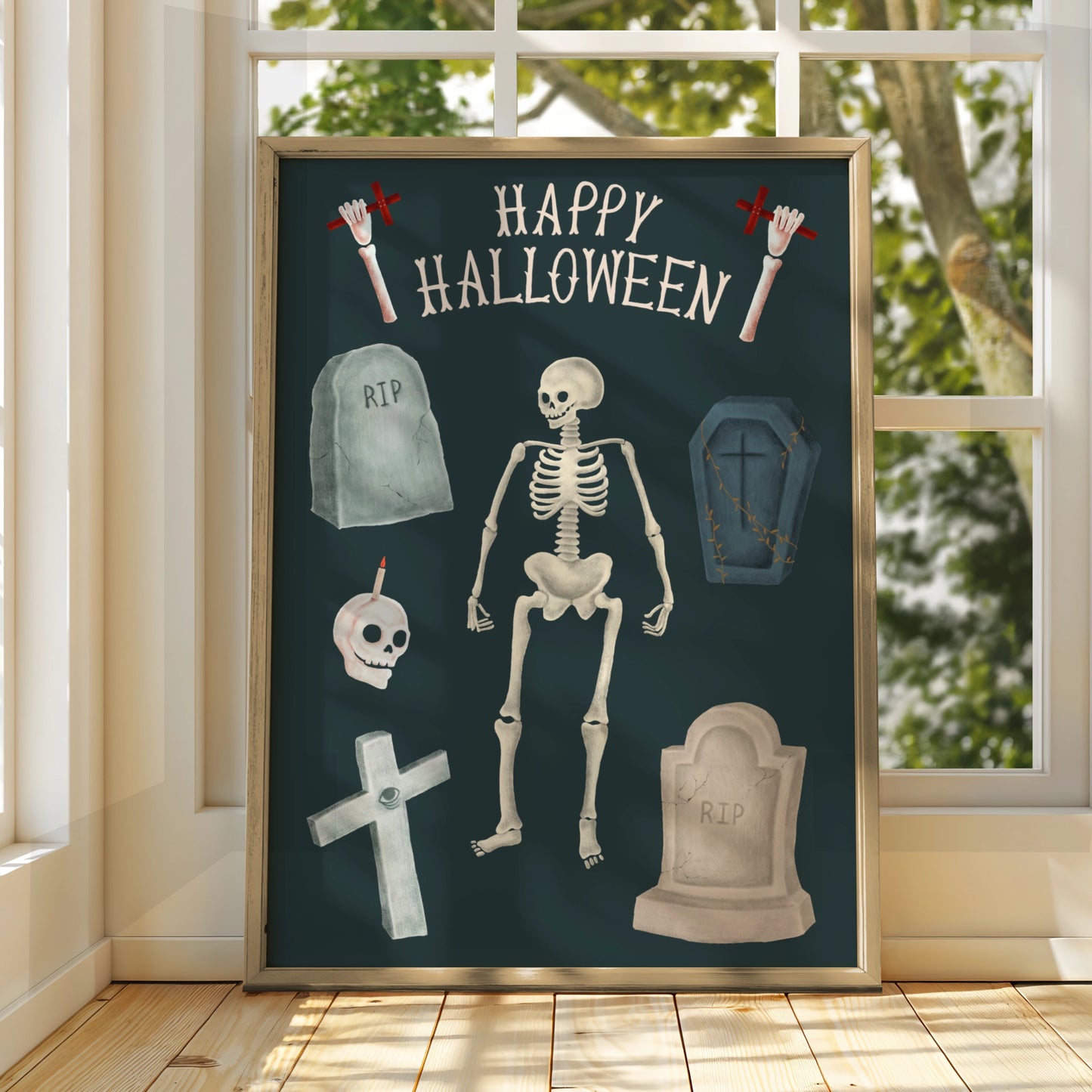 Happy Halloween Skeleton Poster, Spooky Graveyard Wall Art, Skull Coffin RIP Print