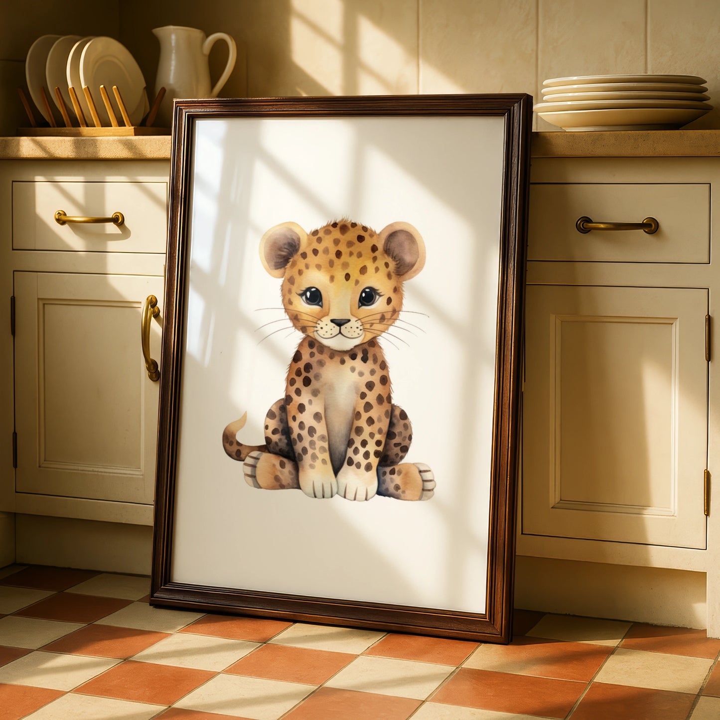 Cute Leopard Nursery Wall Art, Baby Safari Animal Poster, Watercolour Cheetah Print for Kids Room