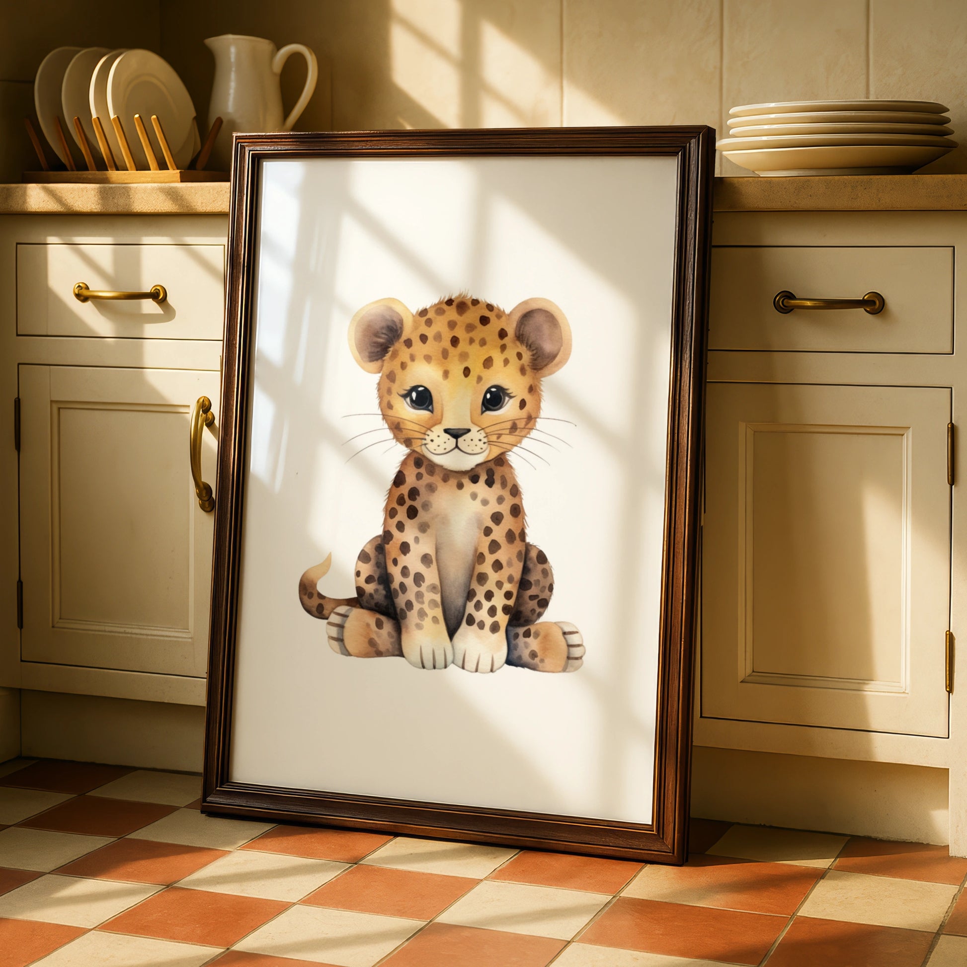 Cute Leopard Nursery Wall Art, Baby Safari Animal Poster, Watercolour Cheetah Print for Kids Room