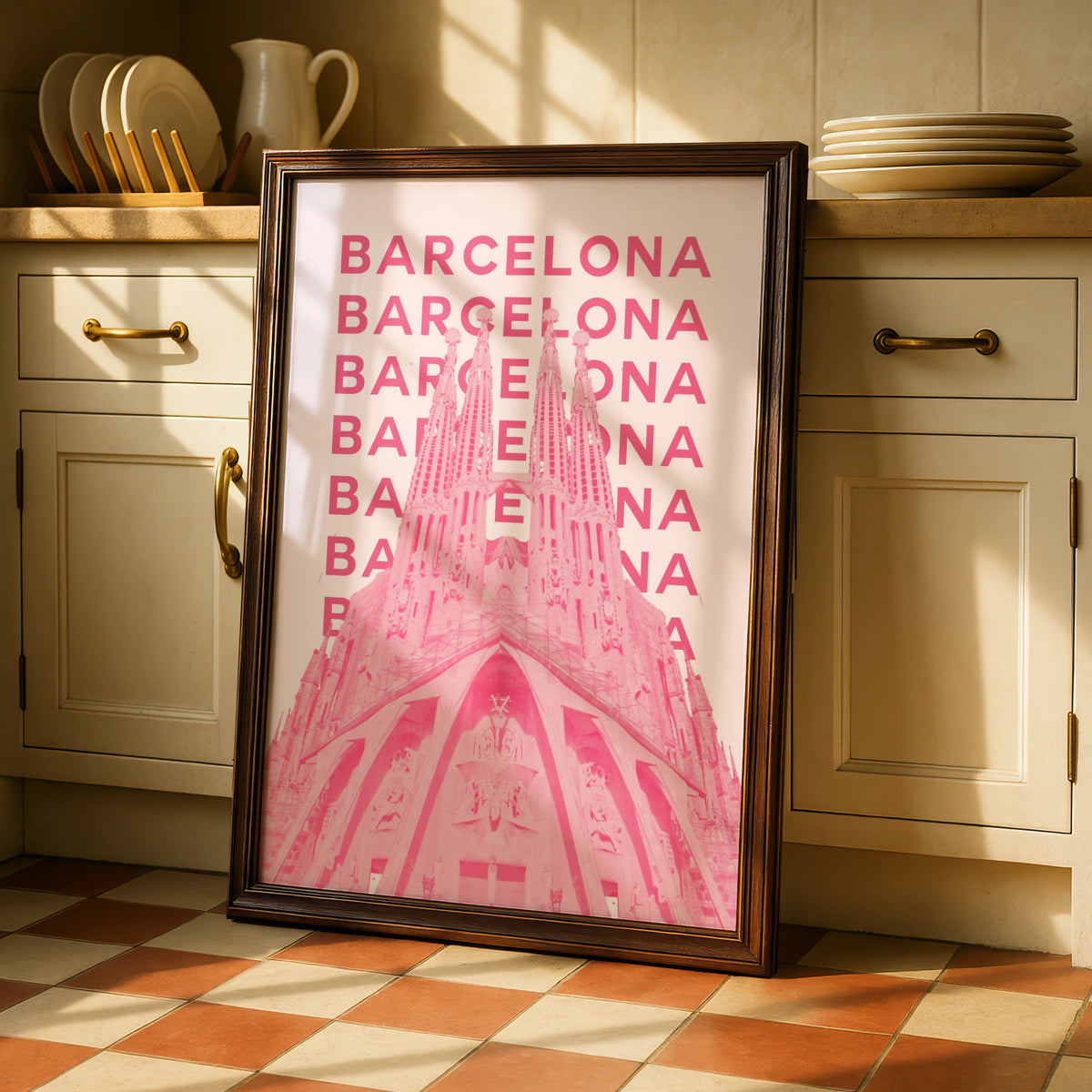 Barcelona Travel Poster Spain Wall Art, Retro Pink Architecture Print, Unique City Decor