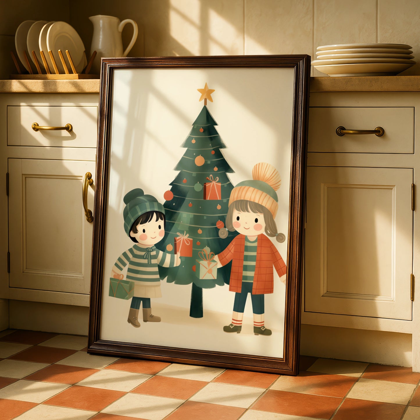 Christmas Poster Children Tree Gifts, Cute Kids Xmas Wall Art, Festive Holiday Print