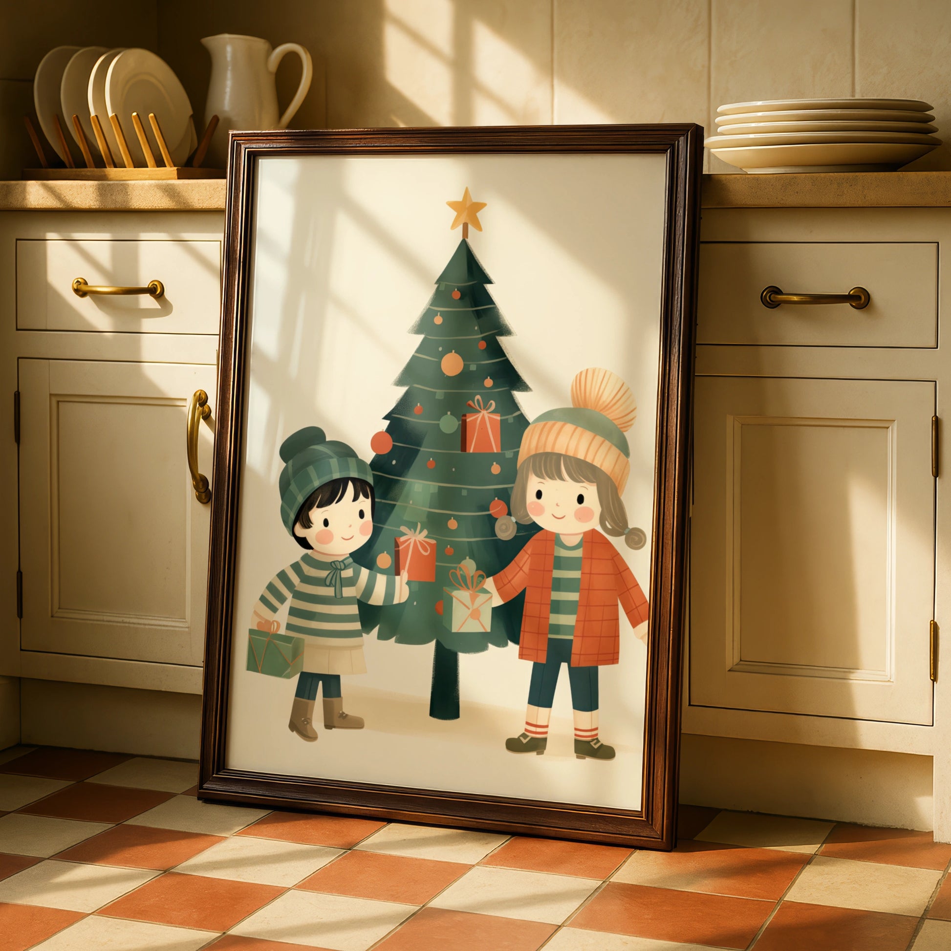 Christmas Poster Children Tree Gifts, Cute Kids Xmas Wall Art, Festive Holiday Print