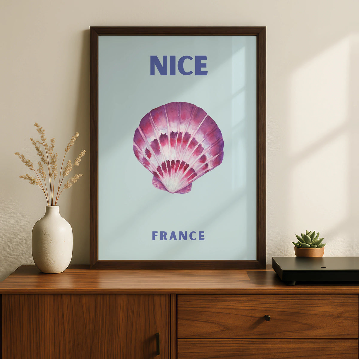 Nice France Travel Poster, French Riviera Wall Art, Coastal Seashell Print
