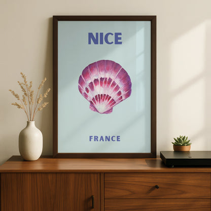 Nice France Travel Poster, French Riviera Wall Art, Coastal Seashell Print