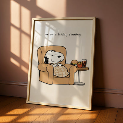 Relaxing Dog Cartoon Poster, Funny Friday Night Wall Art, Quirky Print for Living Room