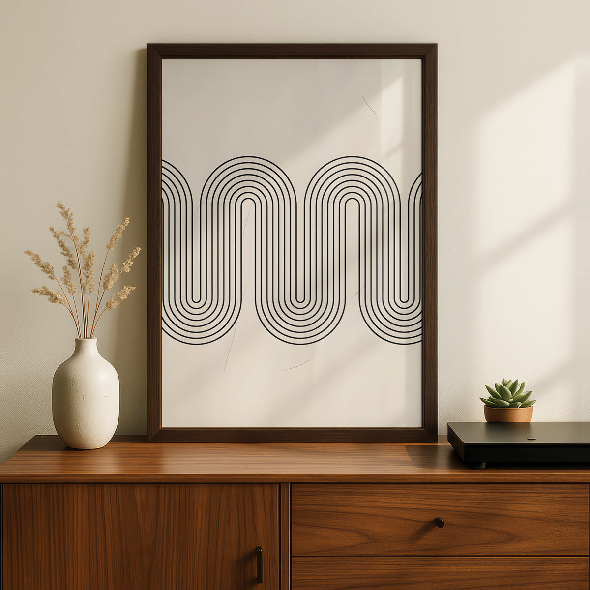 Monochrome Wave Line Art Print, Minimalist Black White Poster, Modern Wall Decor