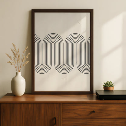 Monochrome Wave Line Art Print, Minimalist Black White Poster, Modern Wall Decor