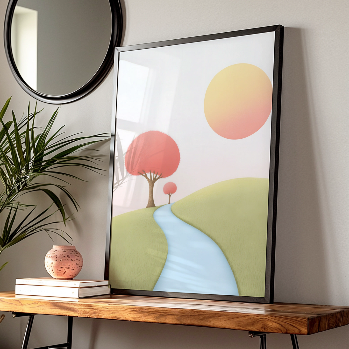 Nursery Wall Art Pastel Landscape Print, Pink Trees River Path, Baby Room Poster