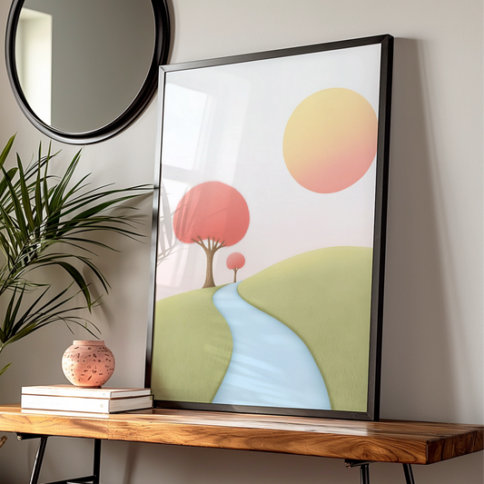 Nursery Wall Art Pastel Landscape Print, Pink Trees River Path, Baby Room Poster