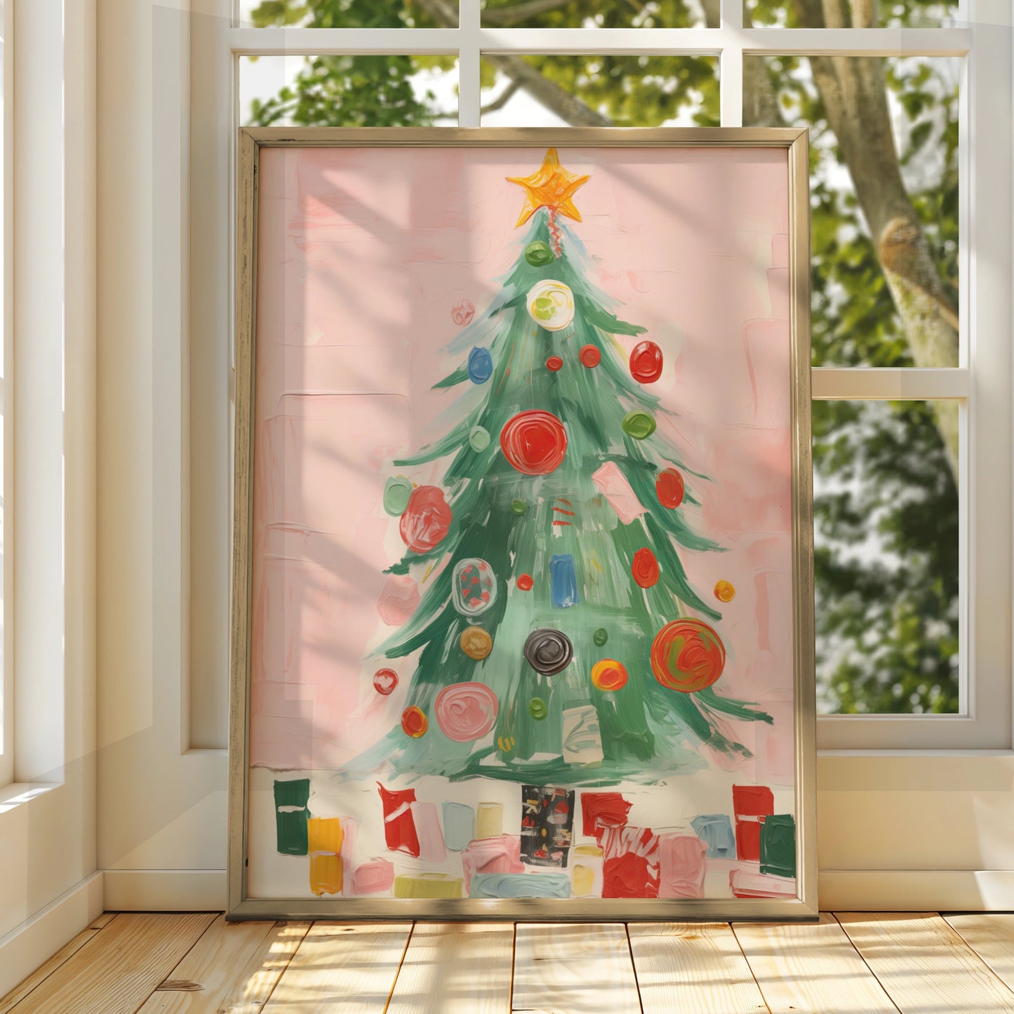 Christmas Tree Poster, Colourful Baubles Pink Wall Art, Festive Holiday Print, Xmas Gallery Decor