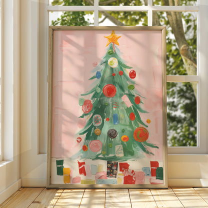Christmas Tree Poster, Colourful Baubles Pink Wall Art, Festive Holiday Print, Xmas Gallery Decor