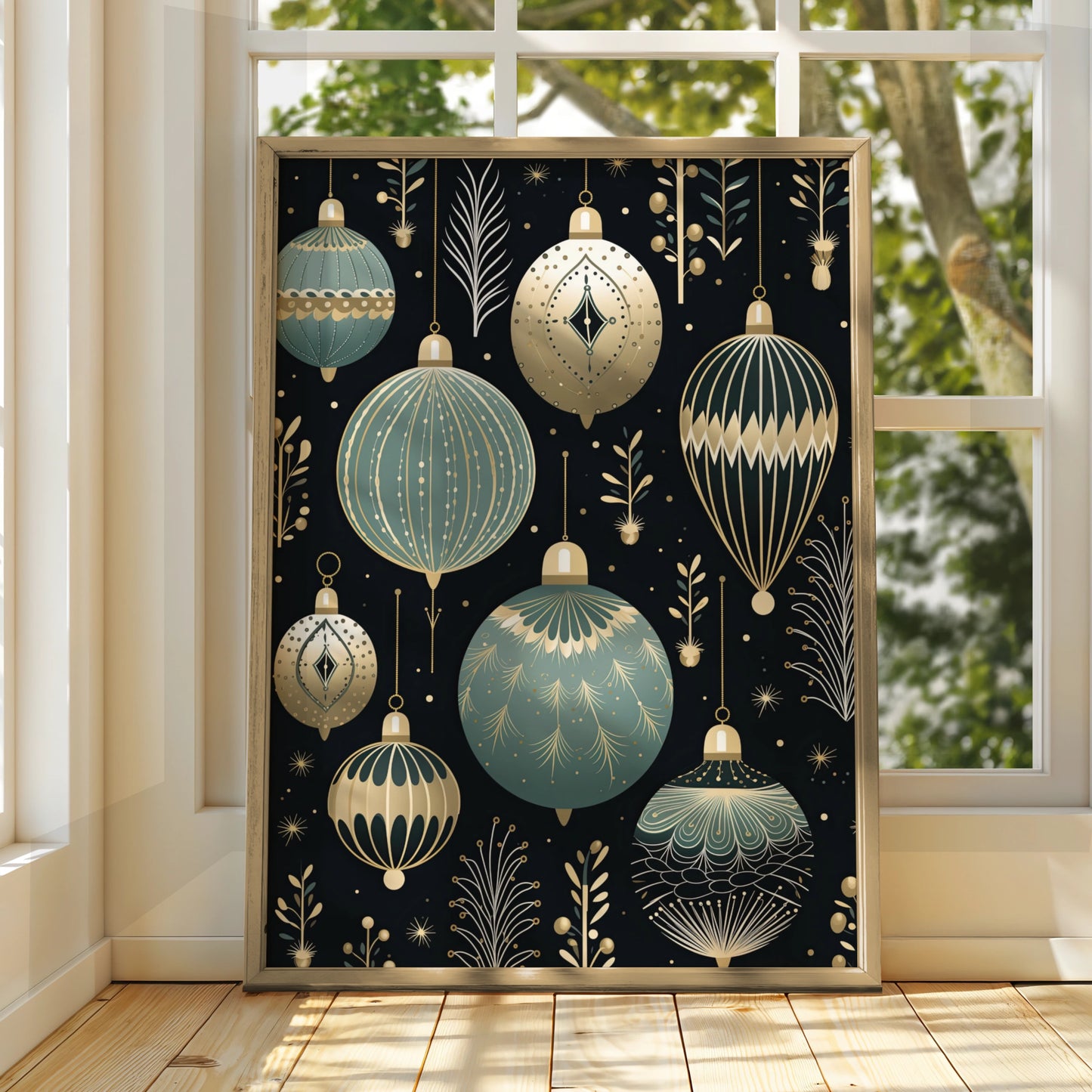 Christmas Baubles Poster, Art Deco Ornaments Wall Art, Teal Gold Black Festive Print