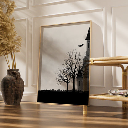 Haunted House Halloween Art Print, Spooky Castle Bats Moon Wall Poster, Gothic Halloween Decor