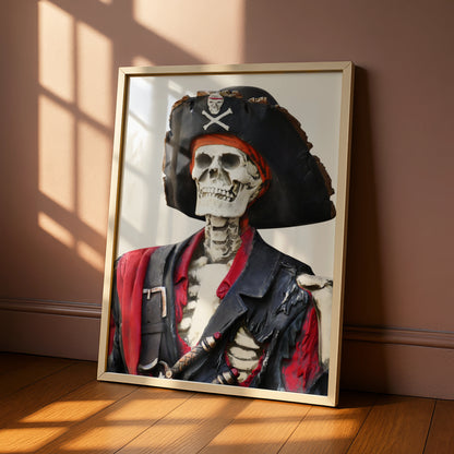 Skeleton Pirate Halloween Art Print, Skull Crossbones Poster, Spooky Wall Art
